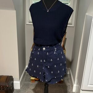 Vince Camuto Navy Anchor Print High Waist Shorts